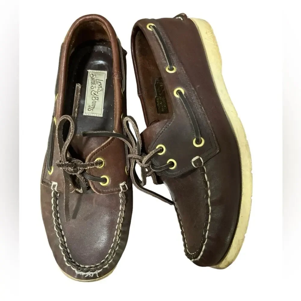 Vtg Levi’s Brown Leather Deck Loafer Slip On Preppy Old Money Boat Shoe Mens 8